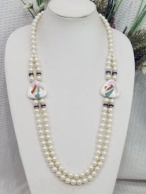 Vintage Signed Japan Double Strand Faux Pearl & Abstract Ceramic Accent Necklace